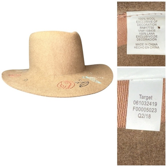 Wide Brim Hat Womens Tan Wool Embroidered Floral Country Cowgirl Y2K Boho Rodeo - Picture 2 of 9